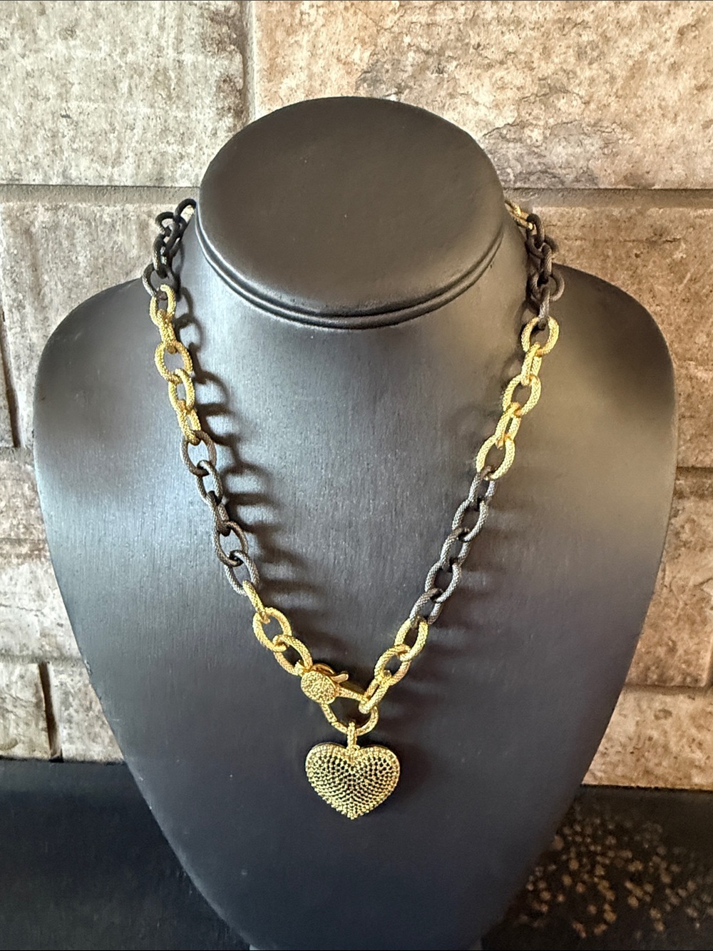 Freida Rothman Gold and Black Heart Pendant Chain Necklace 18 in